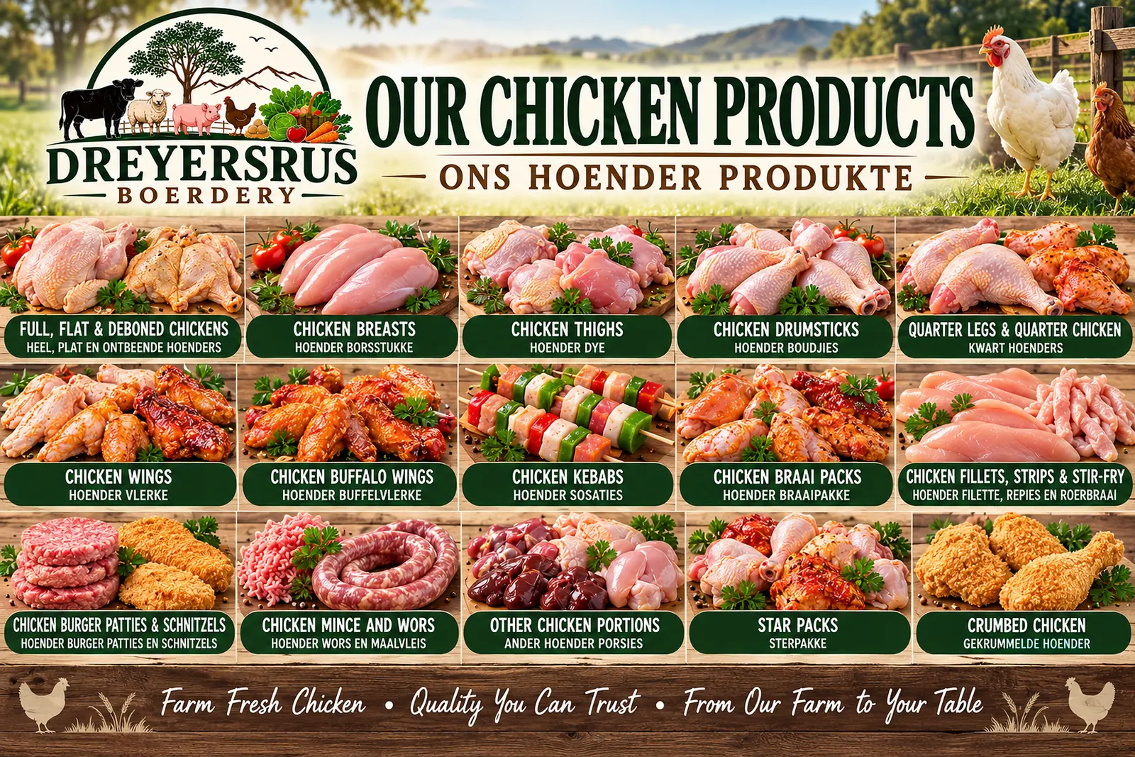 Our chicken products – Ons hoender produkte: full, flat and deboned chickens; chicken breasts; chicken thighs; chicken drumsticks; quarter legs and quarter chicken; chicken wings; chicken buffalo wings; chicken kebabs; chicken braai packs; chicken fillets, strips and stir-fry; chicken burger patties and schnitzels; chicken mince and wors; other chicken portions; star packs; crumbed chicken. Farm fresh chicken – quality you can trust – from our farm to your table.
