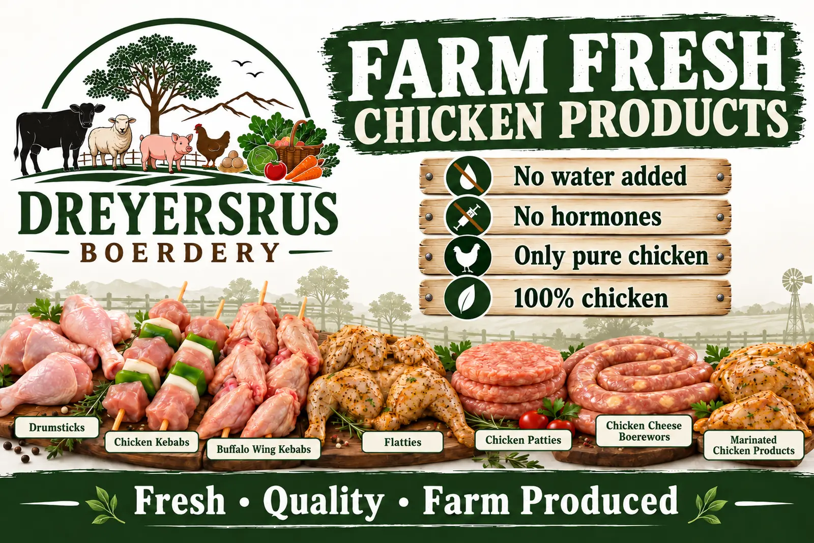 Dreyersrus Boerdery – farm fresh chicken products: no water added, no hormones, only pure chicken, 100% chicken. Drumsticks, chicken kebabs, buffalo wing kebabs, flatties, chicken patties, chicken cheese boerewors and marinated chicken products. Fresh · Quality · Farm Produced.